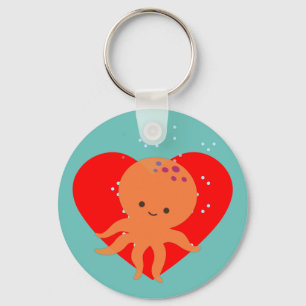 Leuke octopus Cartoon rood hart Sleutelhanger