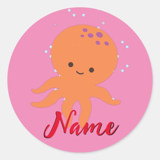 Leuke Octopus Cartoon Voeg naam toe Ronde Sticker (Voorkant)