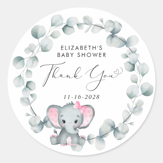 Leuke Olifant Baby Meisje Douche Dank u Ronde Sticker (Voorkant)