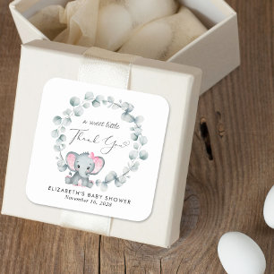 Leuke Olifant Baby Meisje Douche Dank u Vierkante Sticker