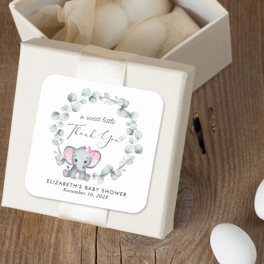 Leuke Olifant Baby Meisje Douche Dank u Vierkante Sticker
