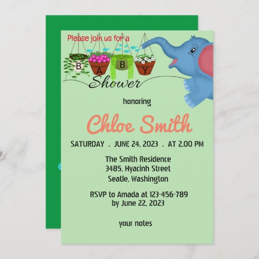 Leuke olifant baby shower uitnodiging (Voorkant / Achterkant)
