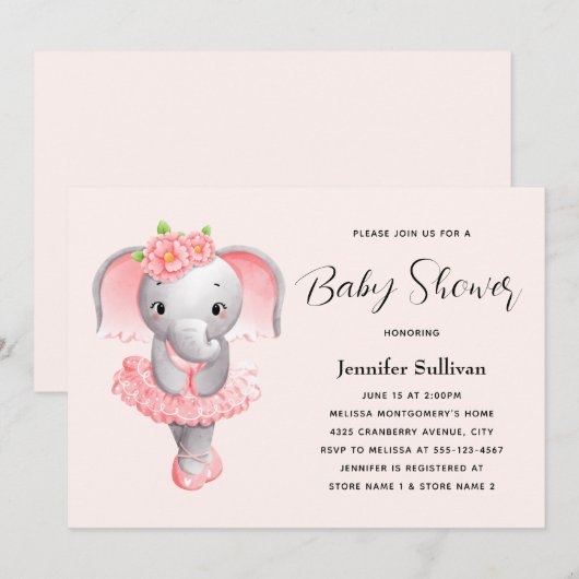 Leuke Olifant Ballerina Roze & Grijs Baby shower Kaart (Voorkant / Achterkant)