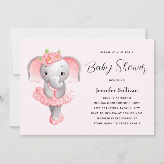 Leuke Olifant Ballerina Roze & Grijs Baby shower Kaart (Voorkant)