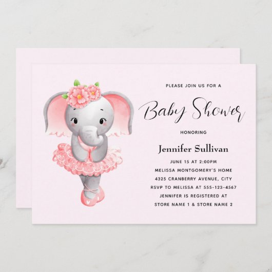 Leuke Olifant Ballerina Roze & Grijs Baby shower Kaart (Voorkant / Achterkant)
