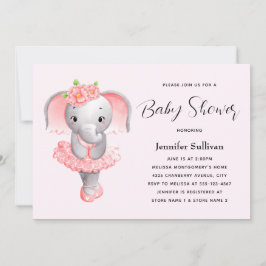 Leuke Olifant Ballerina Roze & Grijs Baby shower Kaart