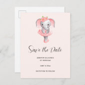 Leuke Olifant Ballerina Roze & Grijs Save the Date Uitnodiging Briefkaart (Voorkant / Achterkant)