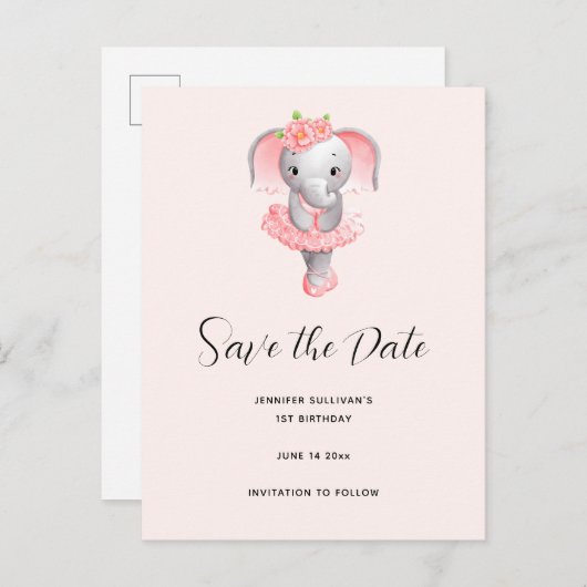 Leuke Olifant Ballerina Roze & Grijs Save the Date Uitnodiging Briefkaart (Voorkant / Achterkant)