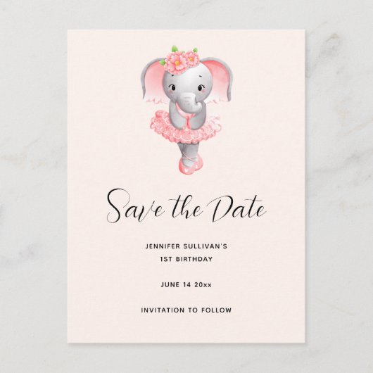 Leuke Olifant Ballerina Roze & Grijs Save the Date Uitnodiging Briefkaart (Voorkant)