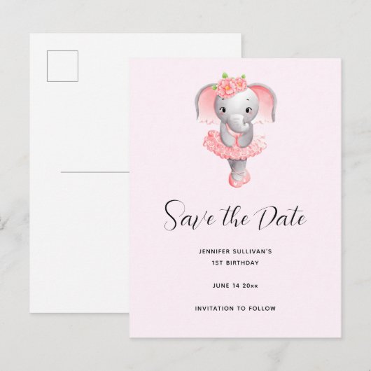 Leuke Olifant Ballerina Roze & Grijs Save the Date Uitnodiging Briefkaart (Voorkant / Achterkant)