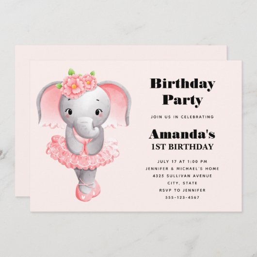Leuke Olifant Ballerina Roze & Grijs Verjaardag Kaart (Voorkant / Achterkant)
