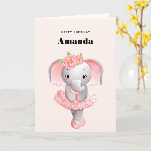 Leuke Olifant Ballerina Roze & Grijs Verjaardag Kaart (Gele Bloem)