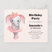Leuke Olifant Ballerina Roze & Grijs Verjaardag Uitnodiging Briefkaart (Voorkant)