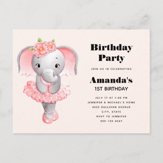 Leuke Olifant Ballerina Roze & Grijs Verjaardag Uitnodiging Briefkaart (Voorkant)