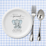 Leuke Olifant Blauwe Baby Jongen Douche Papieren Bordje<br><div class="desc">Leuke papieren borden voor je babyjongensdouche met "A Sweet Little Peanut Is On His Way" in zacht grijs typografie en een stijlvol script met swashes,  en een pastelblauwe waterverf van een baby-olifant. Personaliseer de naam van de aanstaande moeder en de douchedatum in eenvoudige grijze typografie.</div>