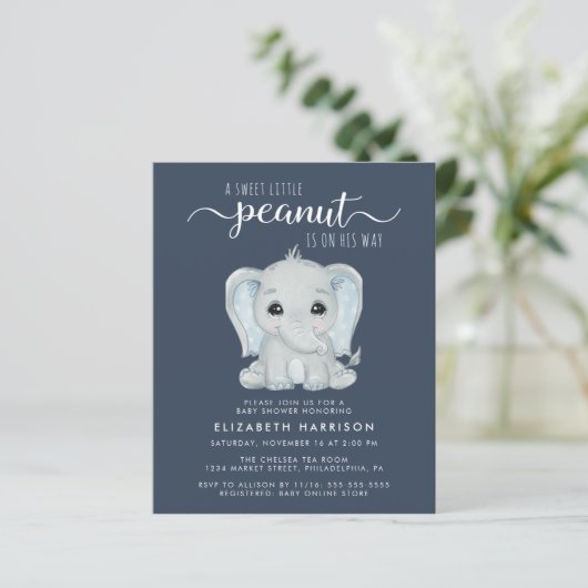Leuke Olifant Blauwe Baby Jongen Douche Uitnodigin (Staand voorkant)