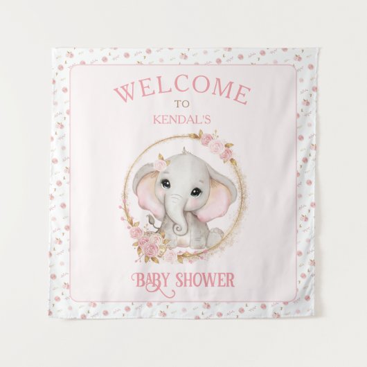 Leuke Olifant en Bloemen Baby shower Welkomstbord Wandkleed (Voorkant)
