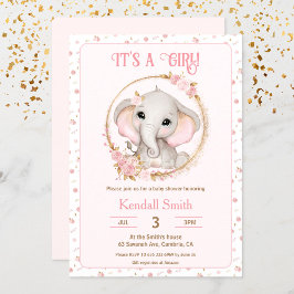 Leuke Olifant en Bloemen Roze Baby shower Kaart