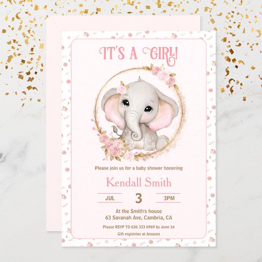 Leuke Olifant en Bloemen Roze Baby shower Kaart
