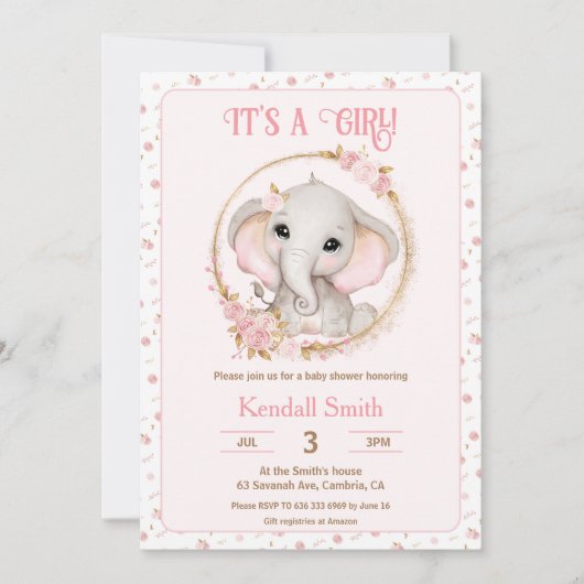 Leuke Olifant en Bloemen Roze Baby shower Kaart (Voorkant)