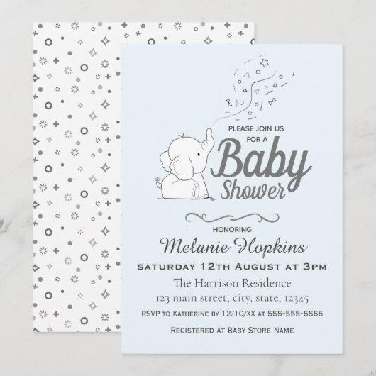Leuke Olifant en Confetti Blue Baby shower Kaart (Voorkant / Achterkant)