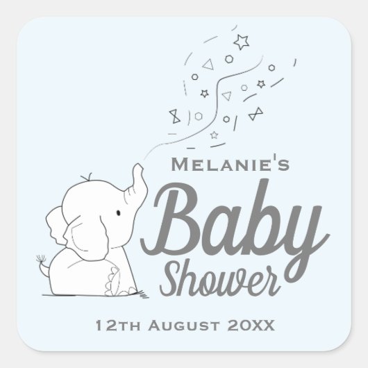 Leuke Olifant en Confetti Blue Baby shower Vierkante Sticker (Voorkant)