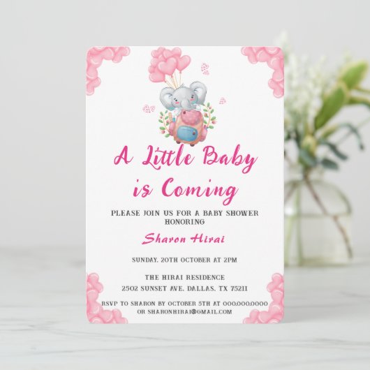 Leuke olifant en roze ballon Baby shower Kaart (Staand voorkant)