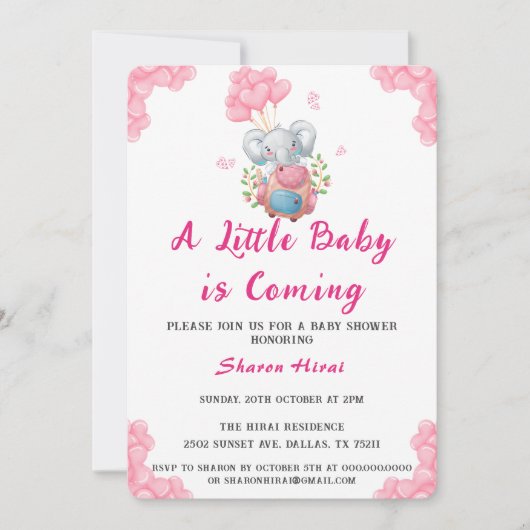 Leuke olifant en roze ballon Baby shower Kaart (Voorkant)