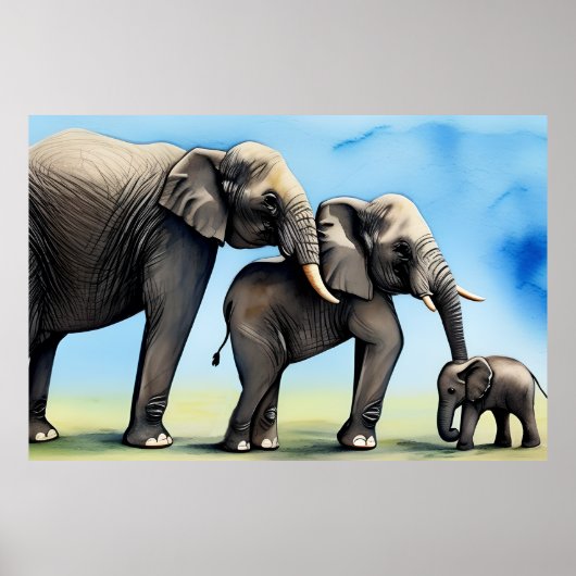 Leuke Olifant Familie Waterverf Poster (Voorkant)