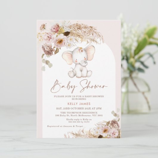 Leuke Olifant Floral Pampas Boho Arch Baby shower Kaart (Staand voorkant)