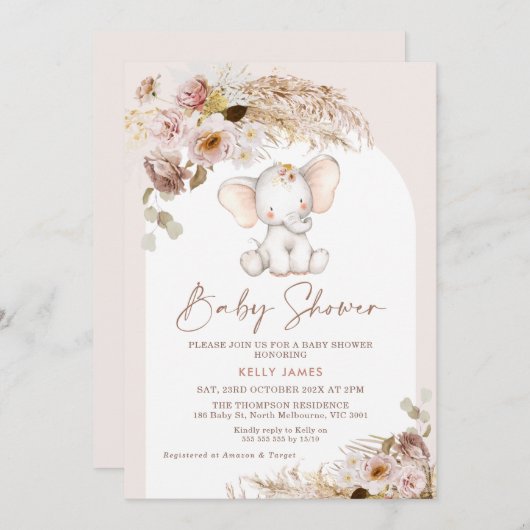 Leuke Olifant Floral Pampas Boho Arch Baby shower Kaart (Voorkant / Achterkant)