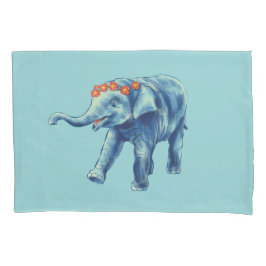 Leuke olifant in blauw met bloemenkrans Kinder Kussensloop