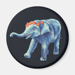 Leuke olifant in blauw met bloemenkrans Kinder Magneet