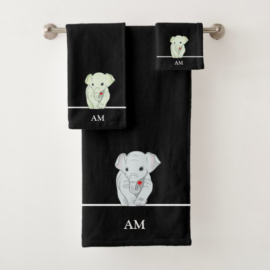 Leuke Olifant & Monogram op Zwart Bad Handdoek (Insitu)