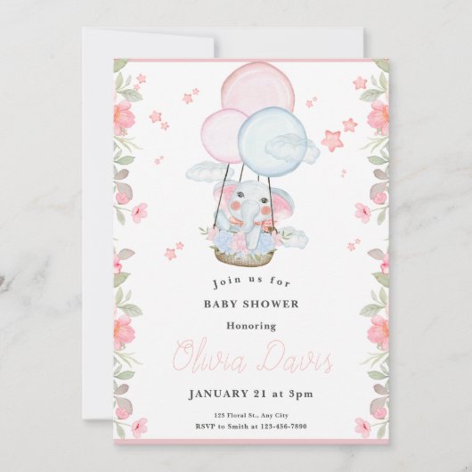 Leuke olifant roze en blauw thema baby shower kaart (Voorkant)
