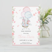 Leuke olifant roze en blauw thema baby shower kaart (Staand voorkant)