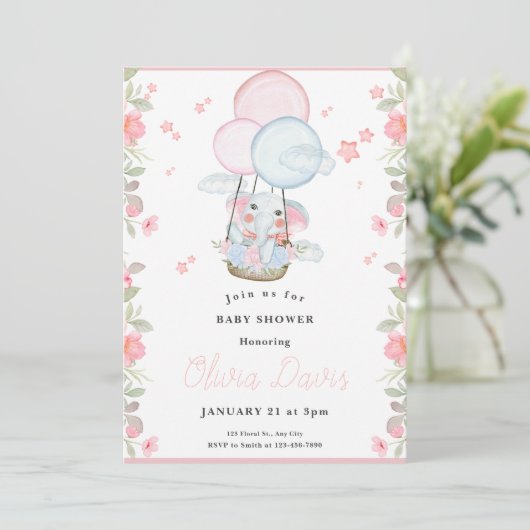 Leuke olifant roze en blauw thema baby shower kaart (Staand voorkant)