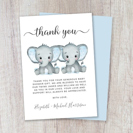 Leuke Olifant Twin Boys Baby shower Bedankkaart