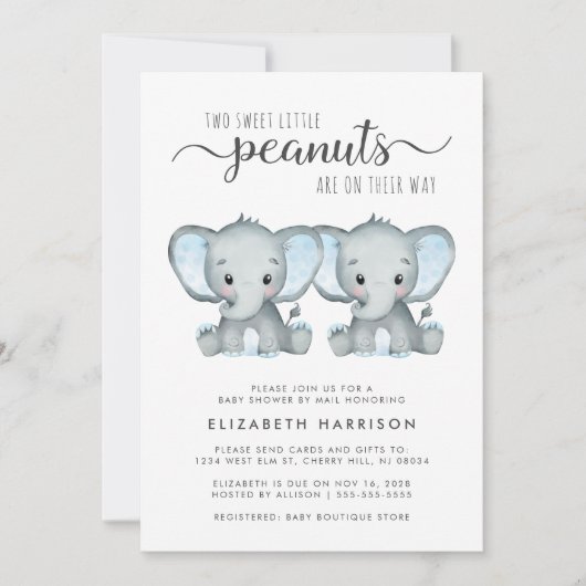 Leuke Olifant Twin Boys Baby shower per post Kaart (Voorkant)