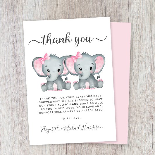 Leuke Olifant Twin Meisjes Baby shower Bedankkaart