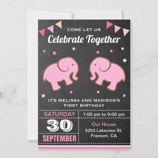 Leuke Olifant Twin Meisjes Verjaardag Party Uitnod Kaart (Voorkant)