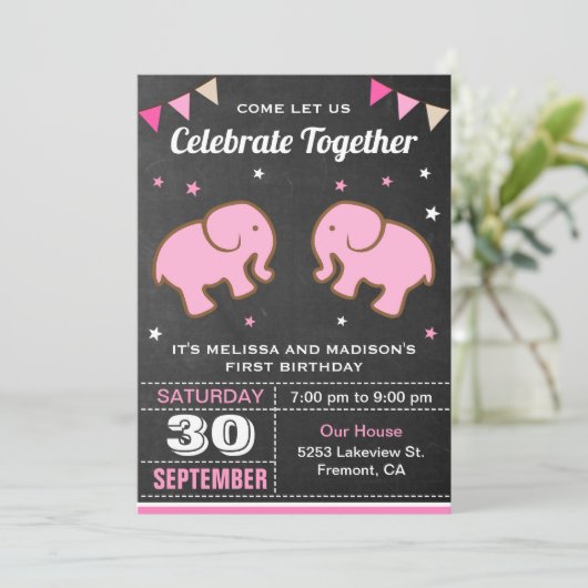 Leuke Olifant Twin Meisjes Verjaardag Party Uitnod Kaart (Staand voorkant)