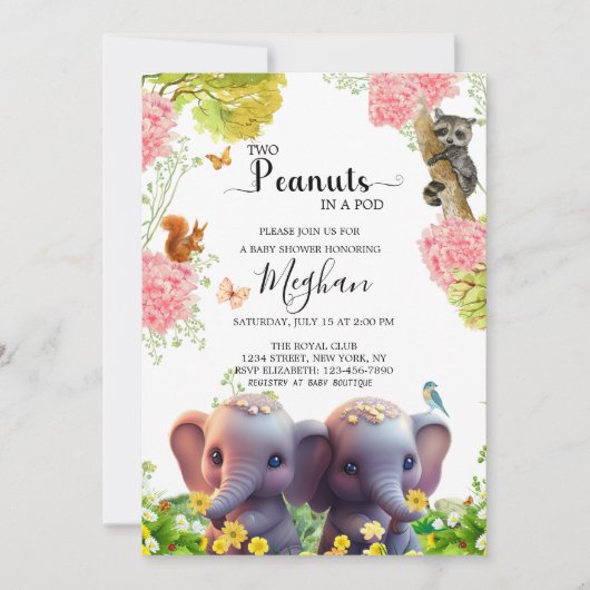 Leuke Olifant Twins Baby shower 2 Peanuts in a Pod Kaart (Voorkant)