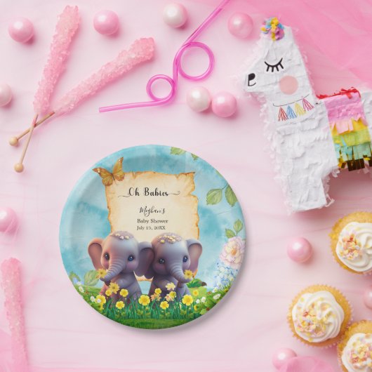 Leuke Olifant Twins Baby shower Blauw Bloemen Cust Papieren Bordje (Feest)