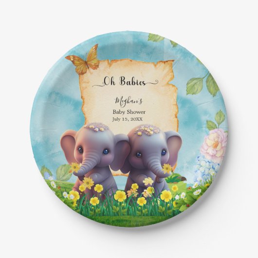 Leuke Olifant Twins Baby shower Blauw Bloemen Cust Papieren Bordje (Voorkant)