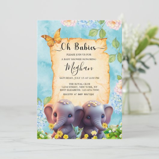 Leuke Olifant Twins Baby shower Blauwe Bloem Kaart (Staand voorkant)