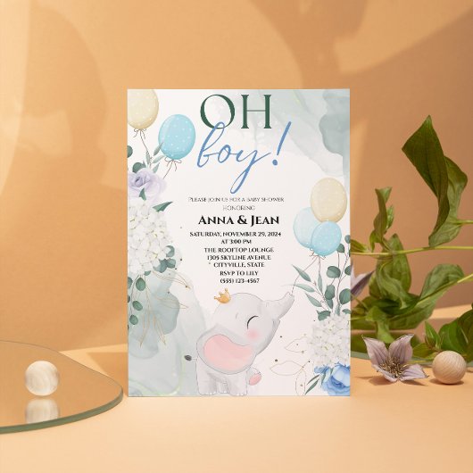 Leuke olifant Waterverf ballon baby shower jongen Kaart