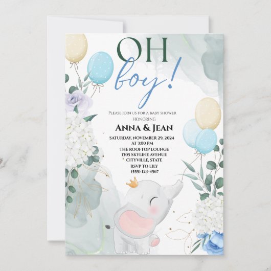 Leuke olifant Waterverf ballon baby shower jongen Kaart (Voorkant)