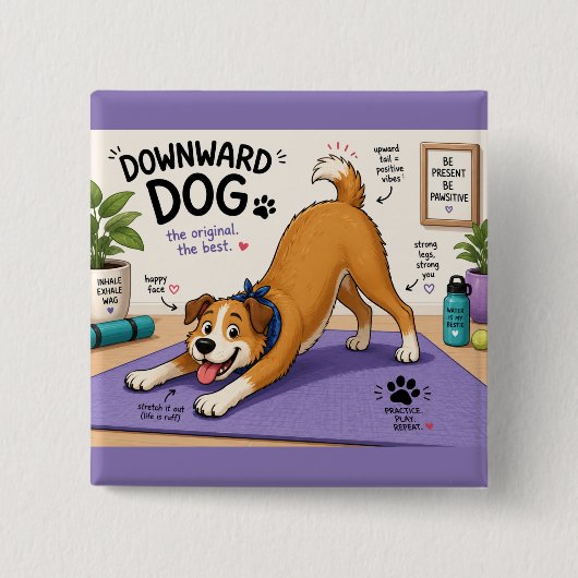 Leuke omlaag-hond ontwerp vierkante button 5,1 cm (Voorkant)