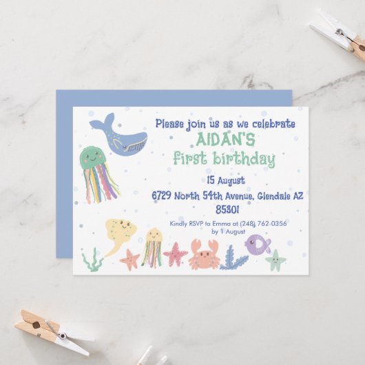 Leuke onderwater wereld eerste verjaardag kaart (Voorkant / Achterkant in situ)